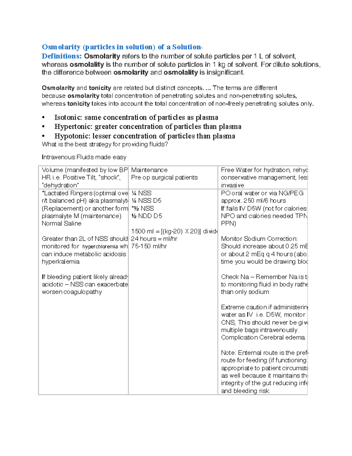 Lesson 5 lecture notes Osmolarity (particles in solution) of a
