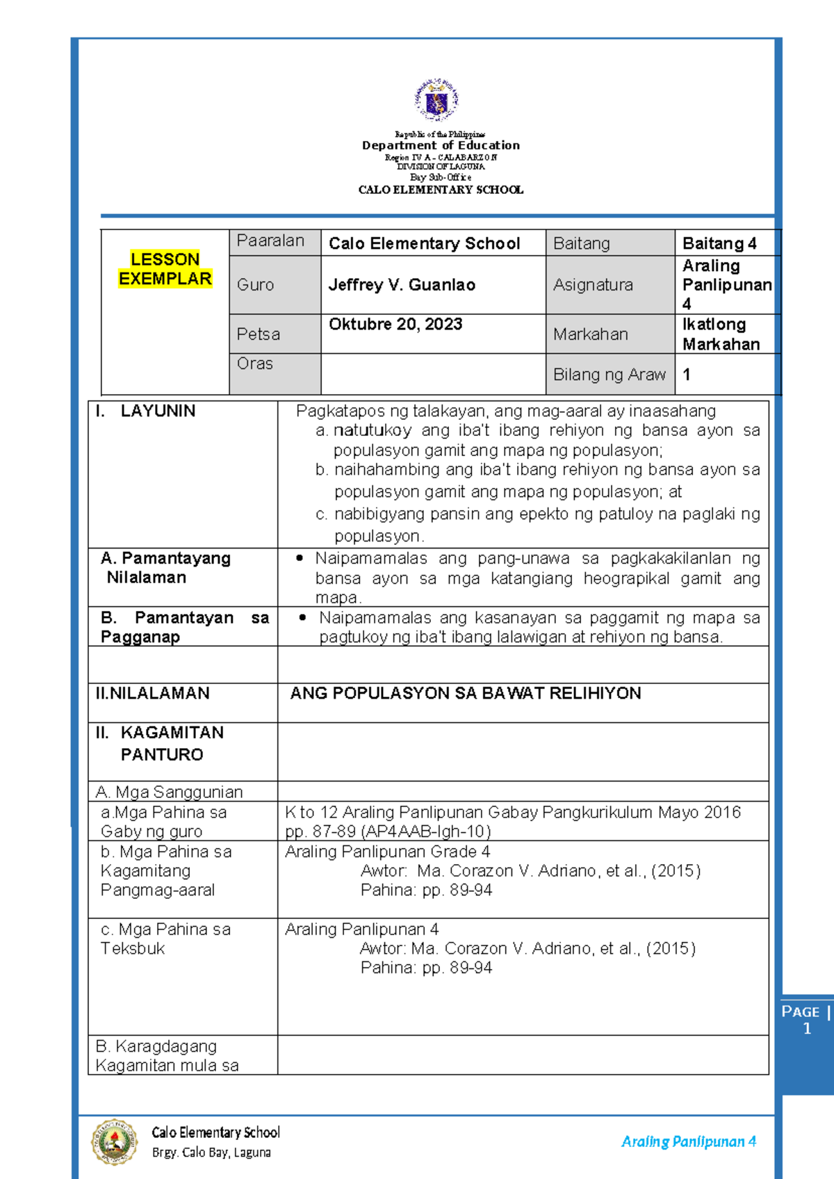 Lesson Exemplar SA Araling Panlipunan 4 - Araling Panlipunan 4 Calo ...