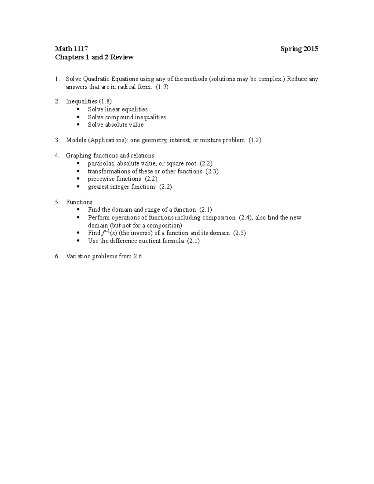 Math 1117 Review 1 and 2 - Math Chapters 1 and 2 Review Spring 2015 1 ...