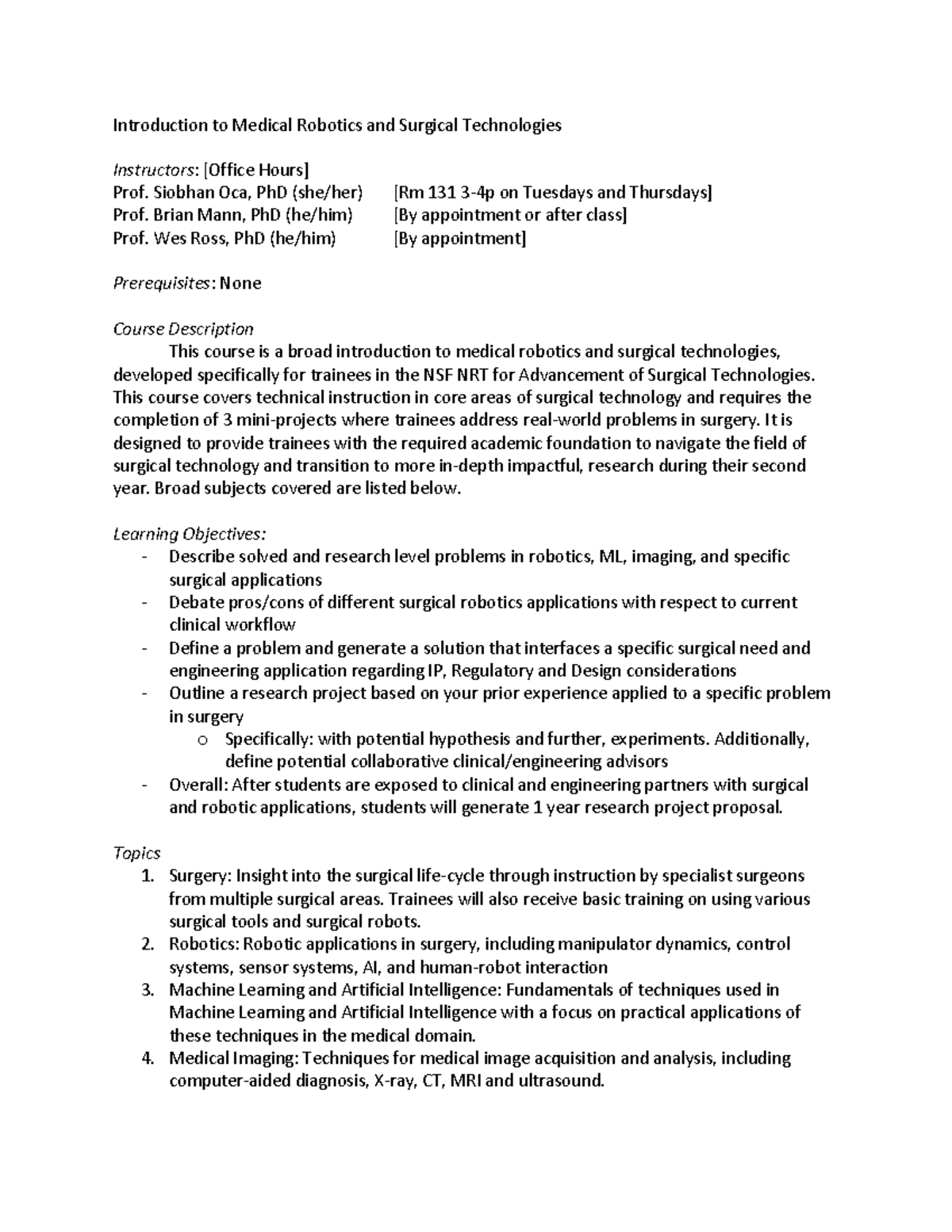 Syllabus for Introduction to Medical Robotics and Surgical Technologies