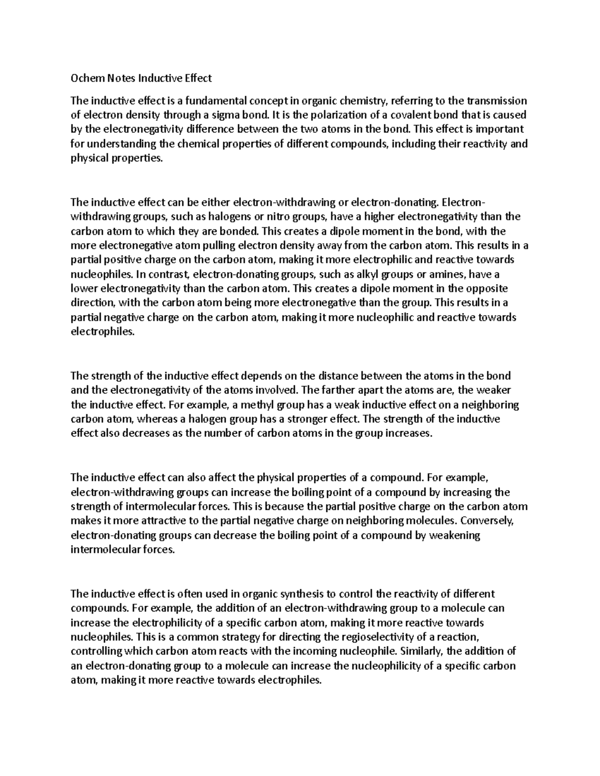 Ochem Notes Inductive Effect It is the polarization of a covalent bond that is caused by the