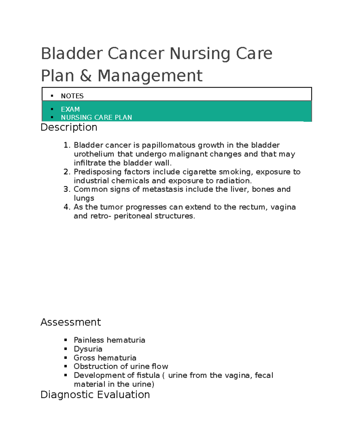 Bladder Cancer - Nursing Management and Care Plan - Bladder Cancer Nursing  Care Plan & - Studocu