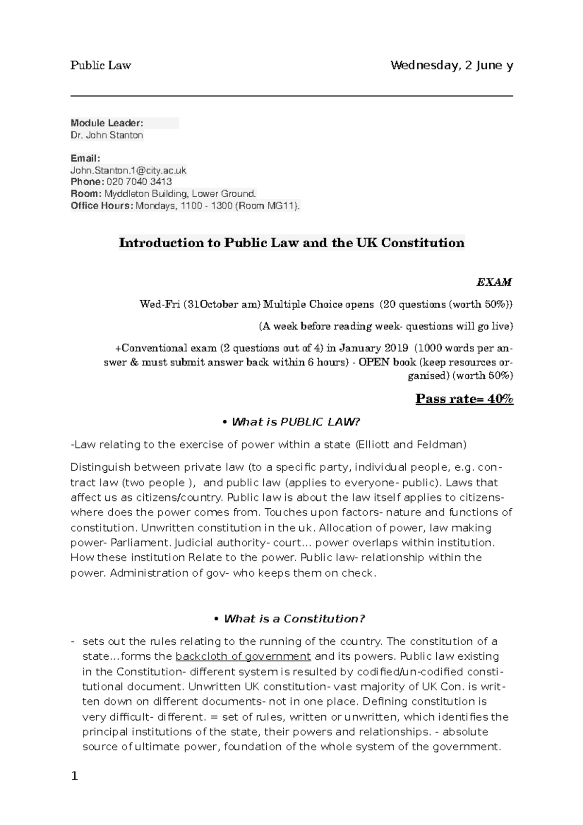 Public Law L1 W - Lecture notes 1 - Module Leader: Dr. John Stanton ...