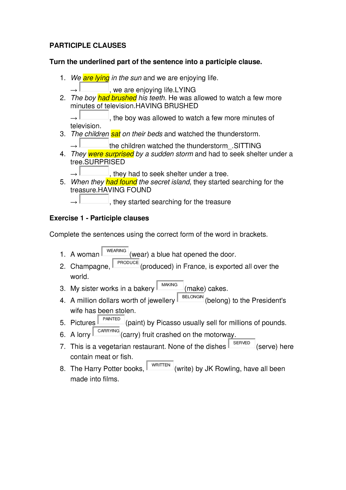 2 1 Participle Clauses Exercises KEY PARTICIPLE CLAUSES Turn The 