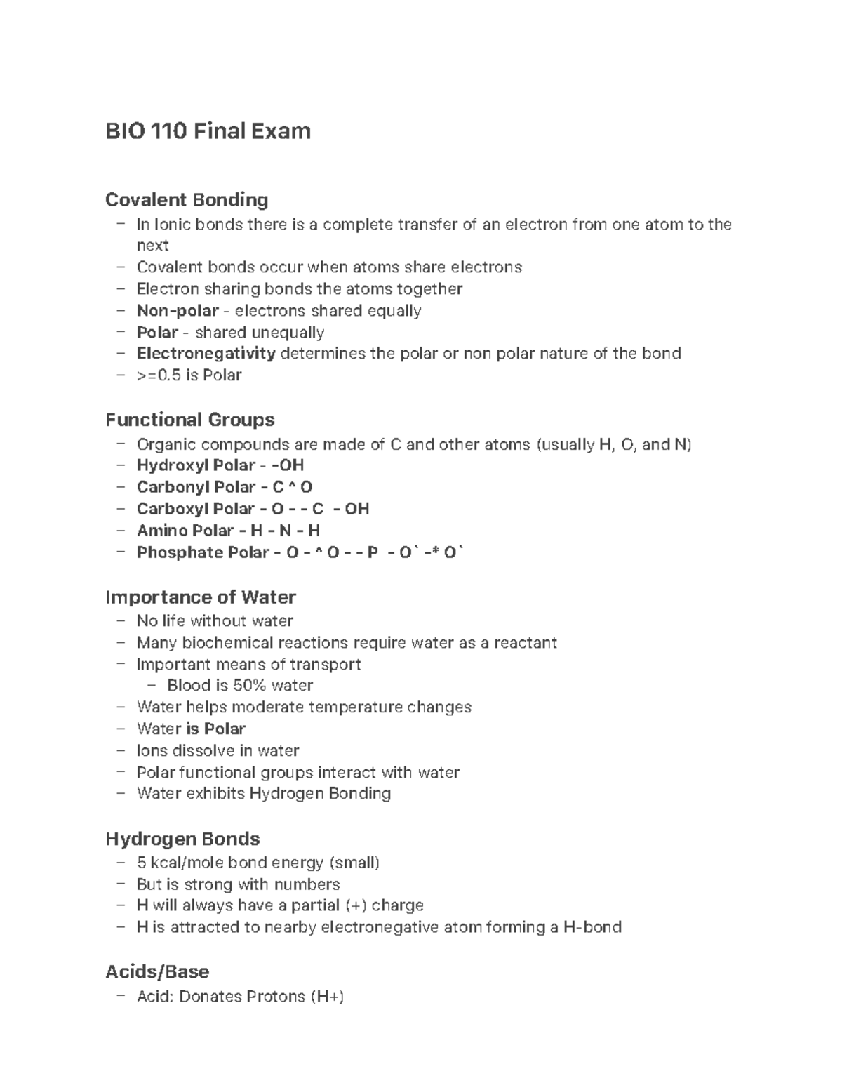 BIO 110 Final Exam - Professor Sean Humphry Full Course Lecture Notes