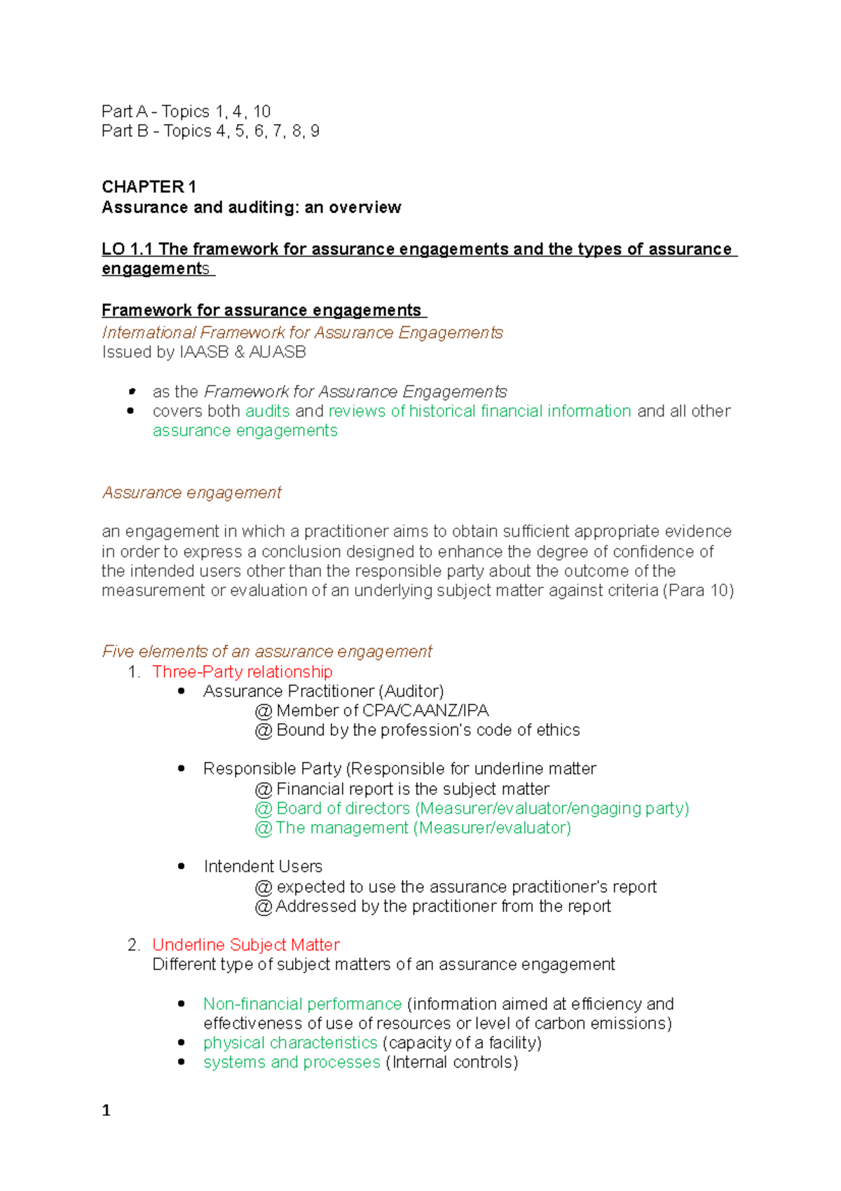 Audit & Assurance - Part A - Topics 1, 4, 10 Part B - Topics 4, 5, 6, 7 ...