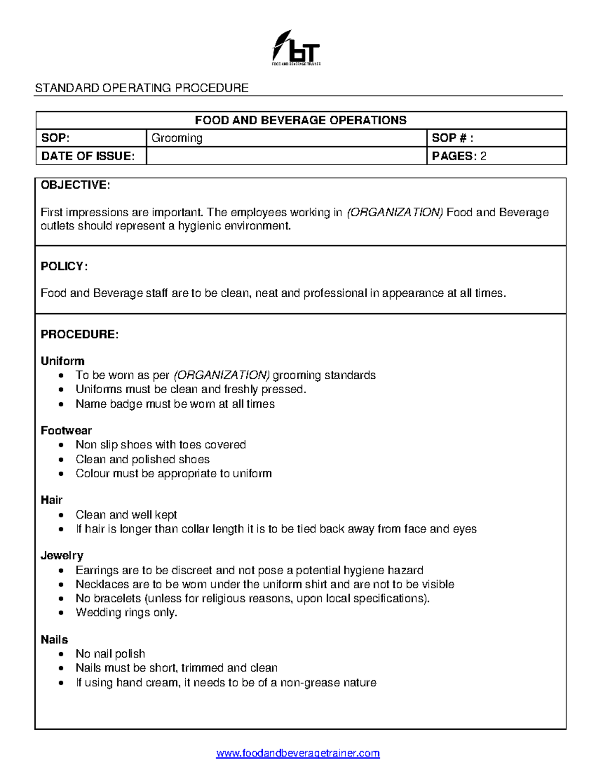SOP Grooming Fundamentals in Food Service Industry STANDARD OPERATING PROCEDURE Studocu