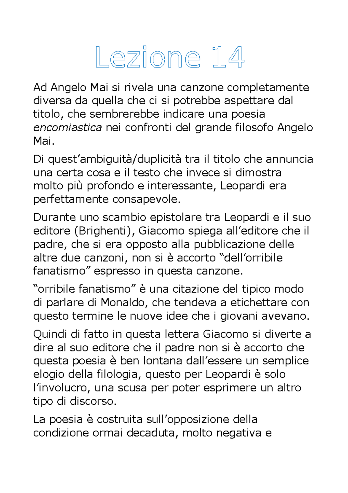Letteratura Italiana Lezione 14 Leopardi - Lezione 14 Ad Angelo Mai si ...