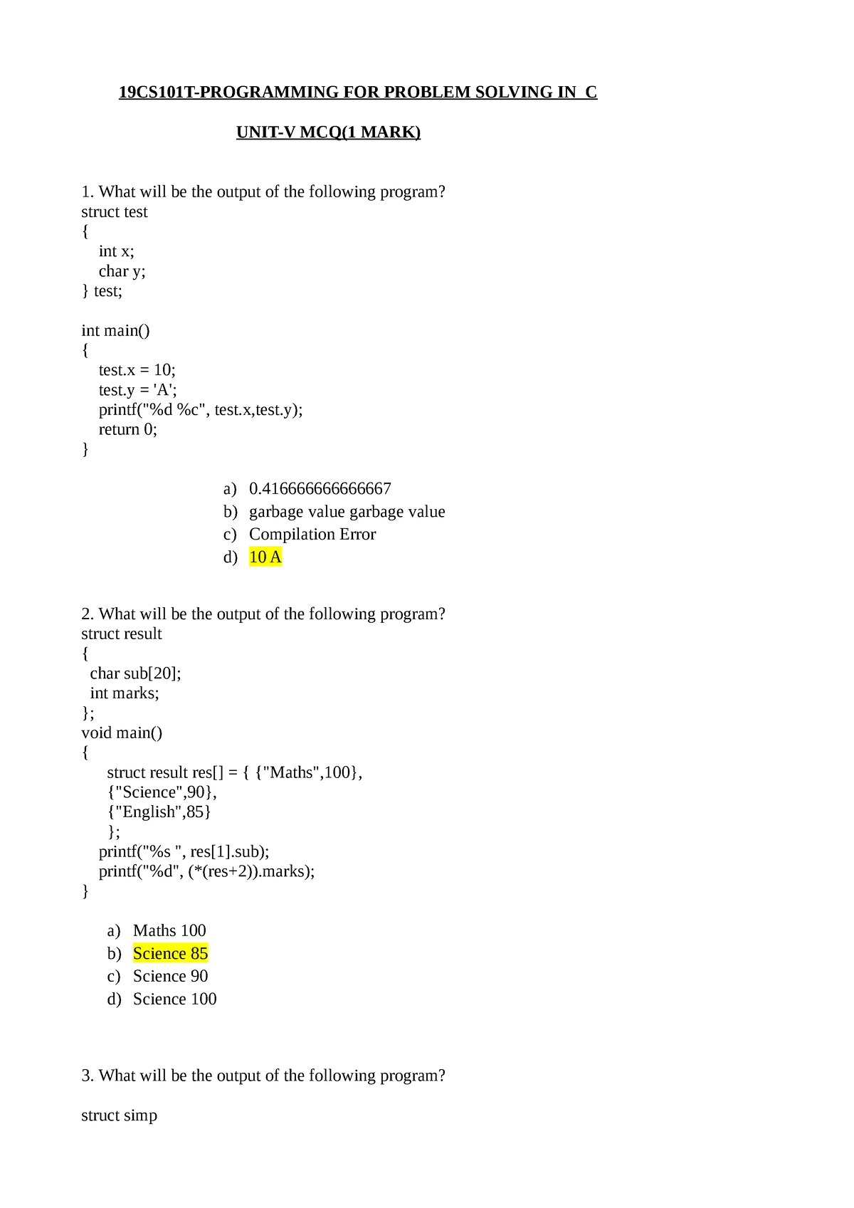 mcq on problem solving in c