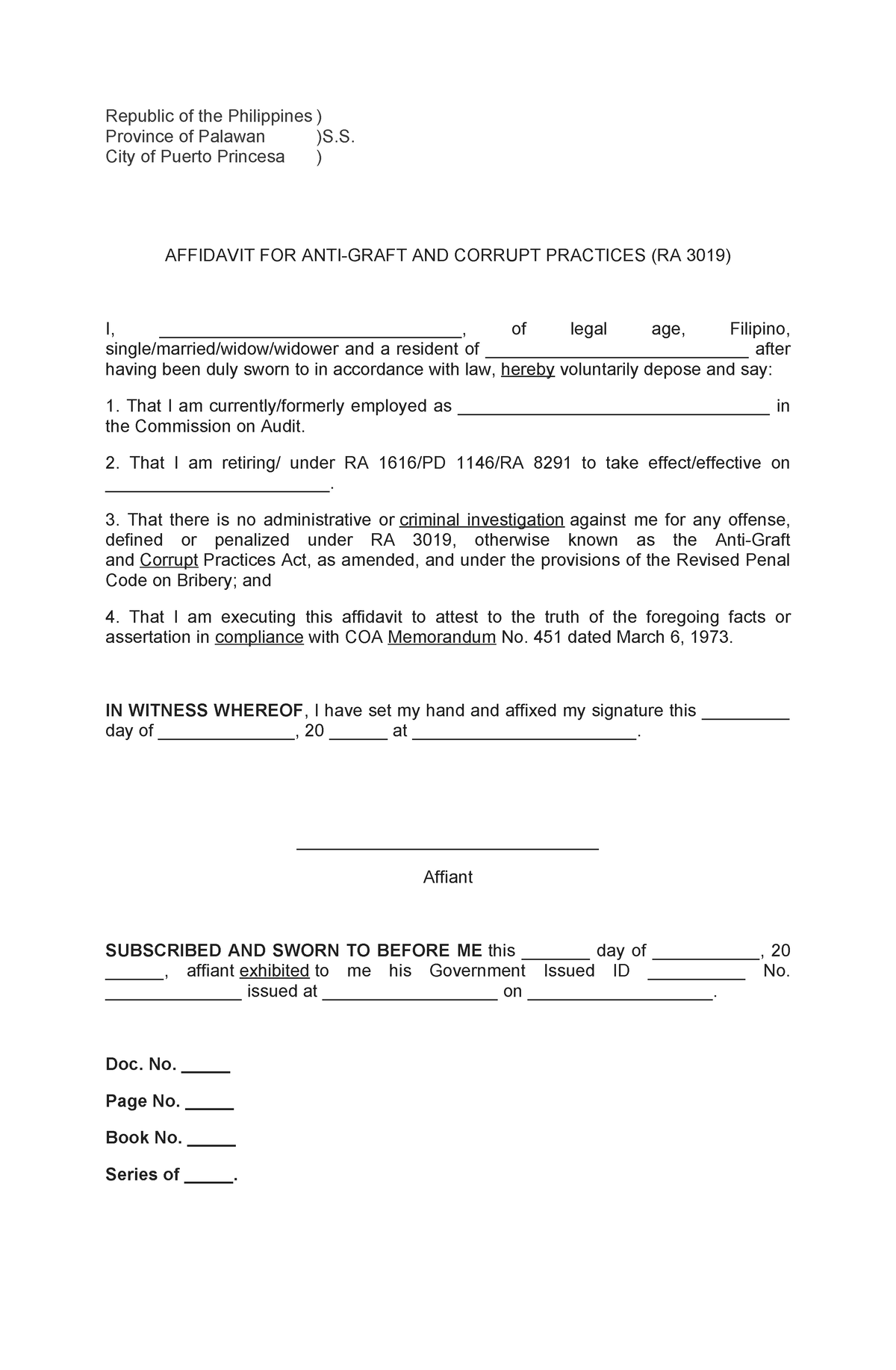 Affidavit FOR ANTI- Graft AND Corrupt Practices (RA 3019) - Republic of ...