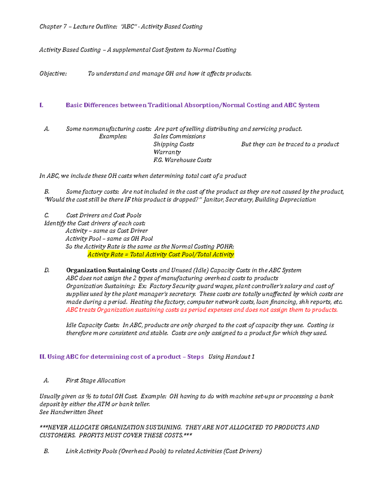 Ch 7 notes - Chapter 7 – Lecture Outline: “ABC” - Activity Based ...