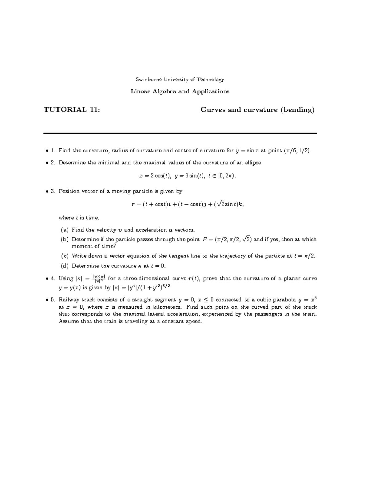 Tutorial 11 Solutions - Swinburne University of Technology Linear ...