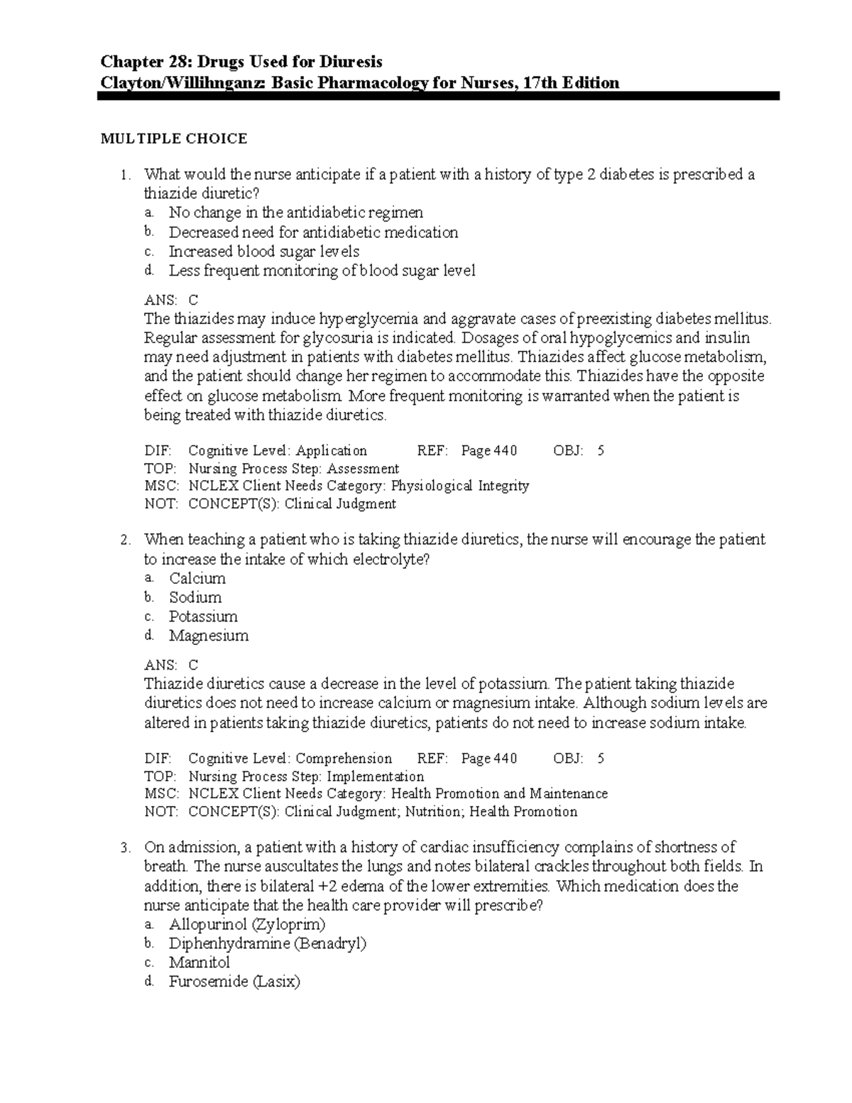 C28 - Question and anwsers - Chapter 28: Drugs Used for Diuresis ...