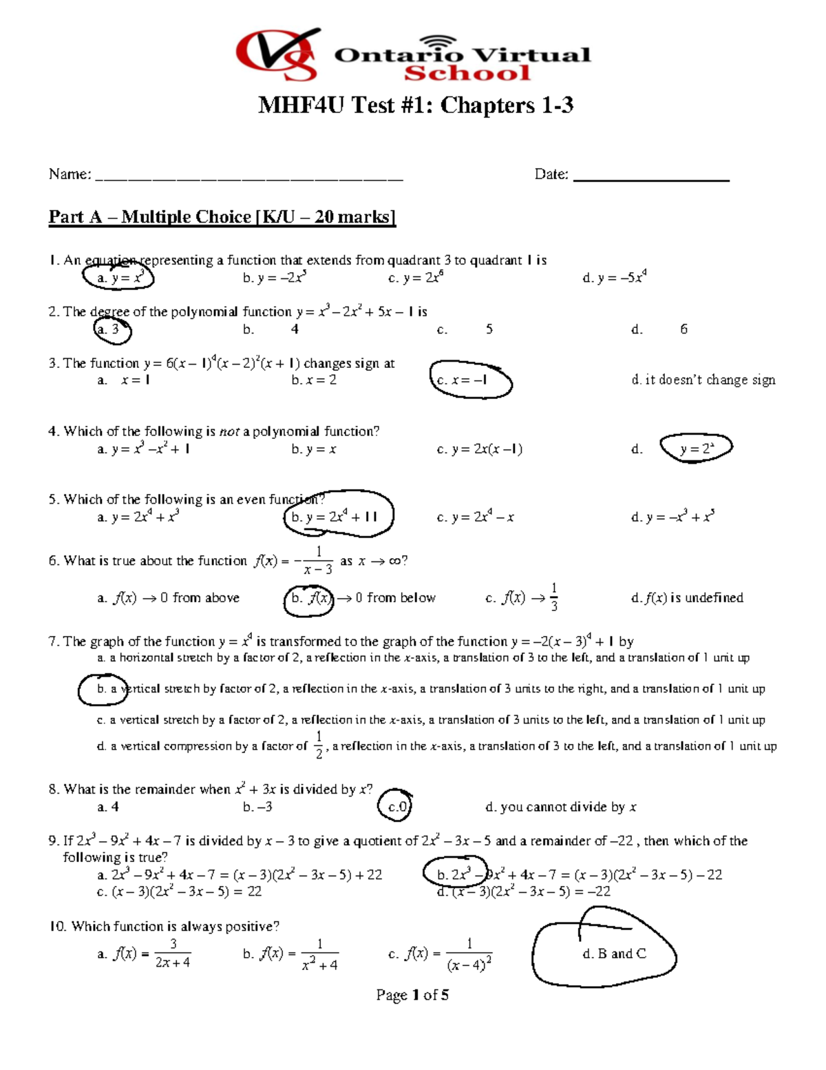 Unit 1 Practice Test - MHF4U Test #1: Chapters 1- Name