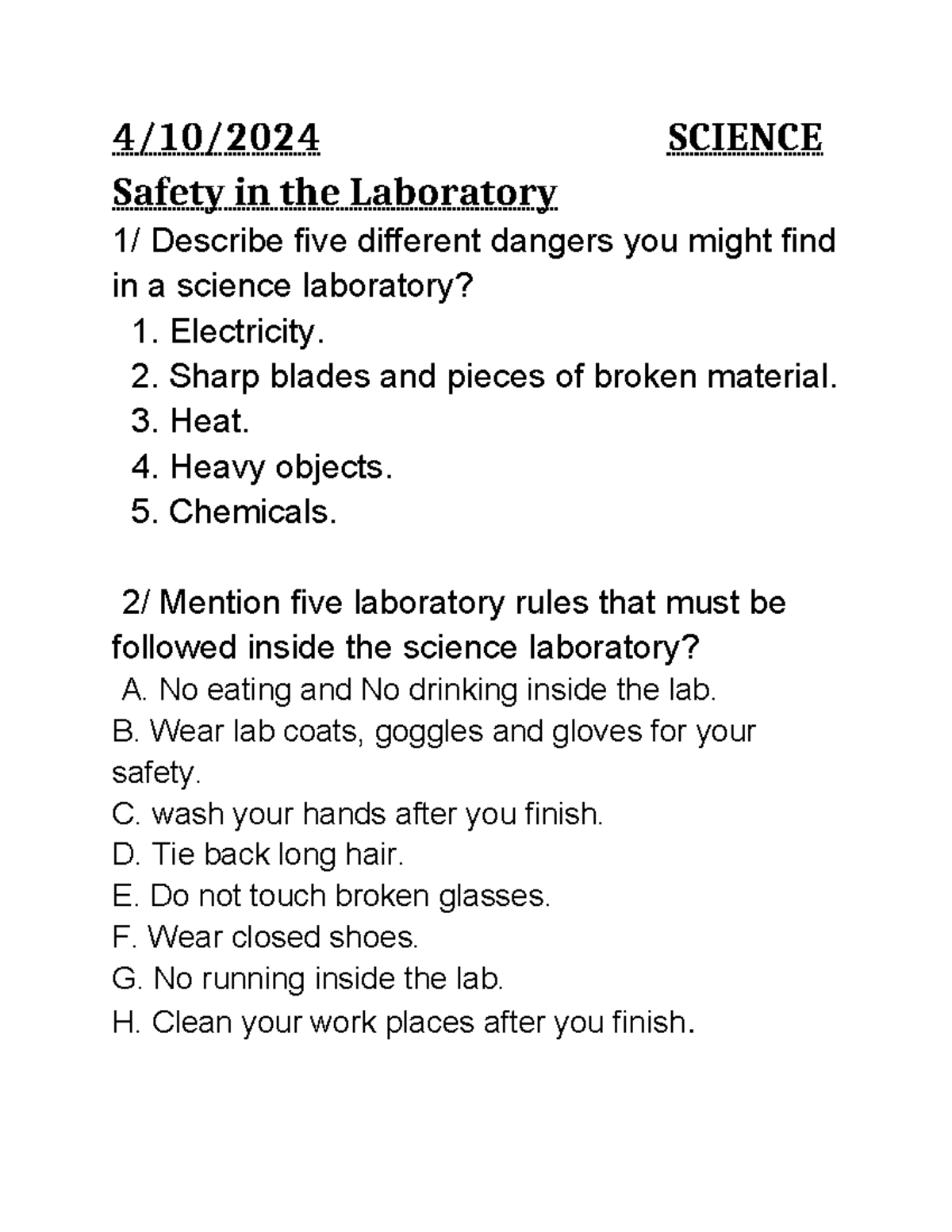 Safety,grade 5 Lab rules 4/10/2024 SCIENCE Safety in the Laboratory