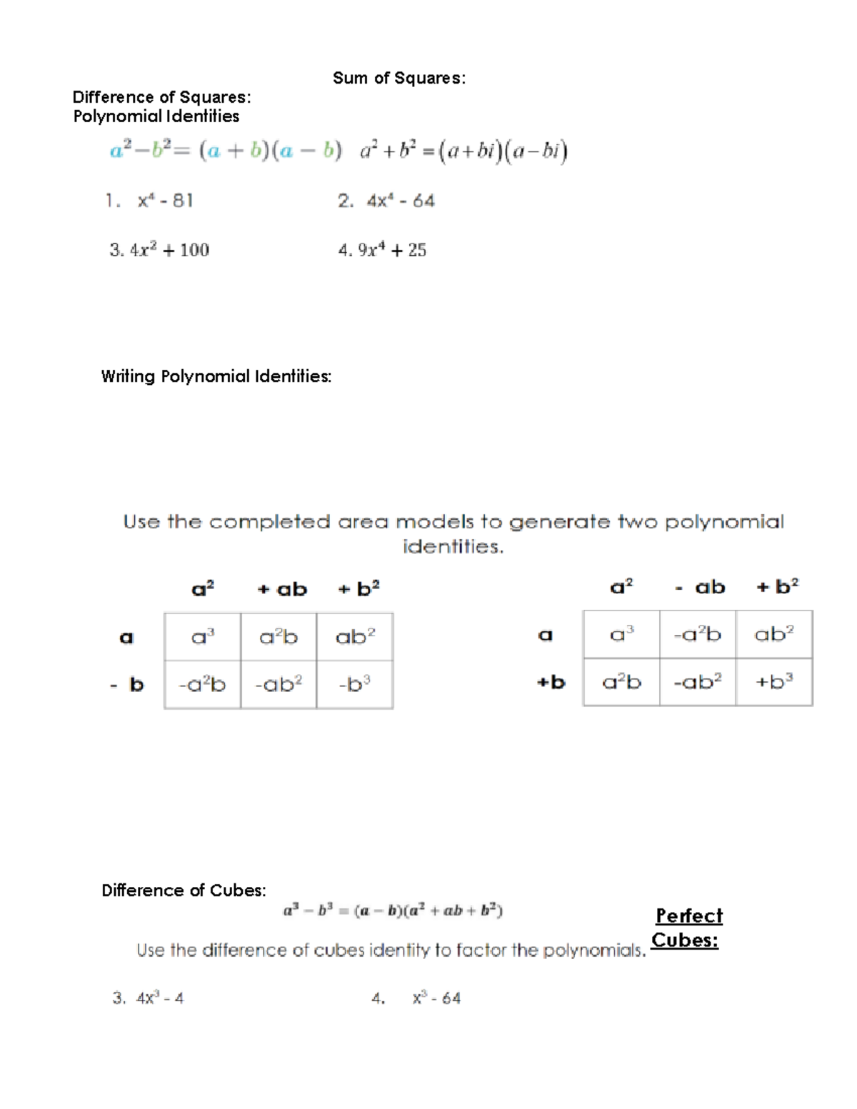 Sum and Diff of Cubes - notes and practice problems - Difference of ...