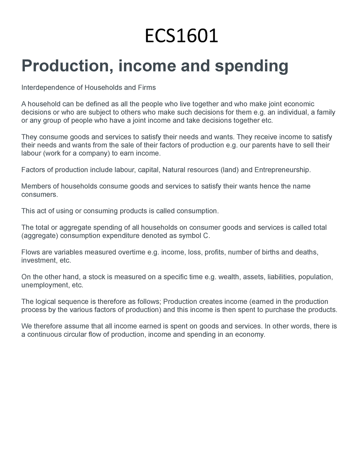 ECS1601 - Notes 2020 - ECS Production, Income And Spending ...