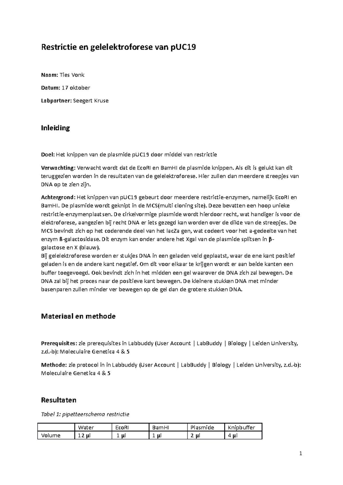 Bacterie practicum 1 - Restrictie pUC19 - Restrictie en ...