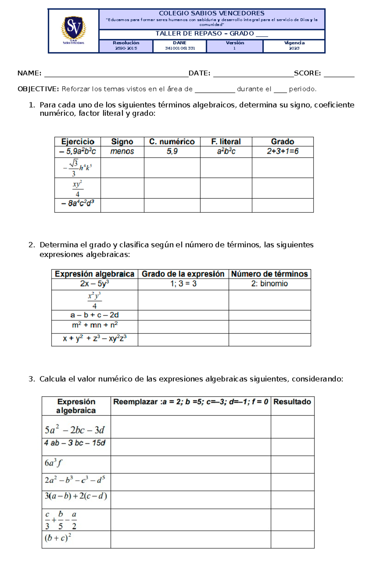 Formato Taller De Repaso Octavo “educamos Para Formar Seres Humanos Con Sabiduría Y 4389