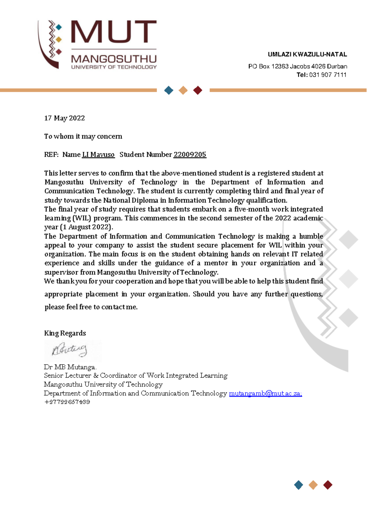 Work Intergrated letter 2022 - 17 May 2022 To whom it may concern REF ...