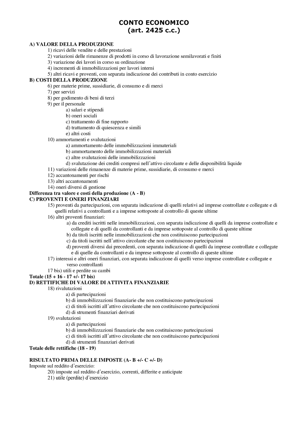 Schema Conto Economico Conto Economico Art 2425 C A Valore Della