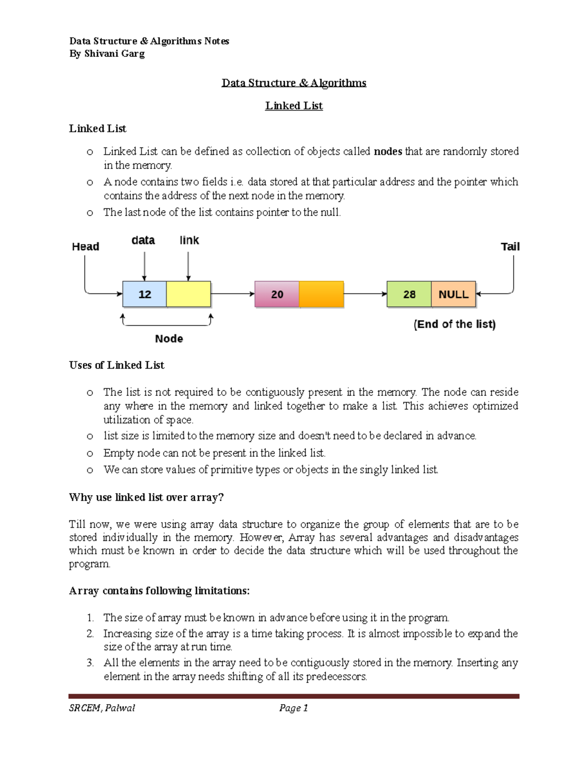 Linked list - o A node contains two fields i. data stored at that ...
