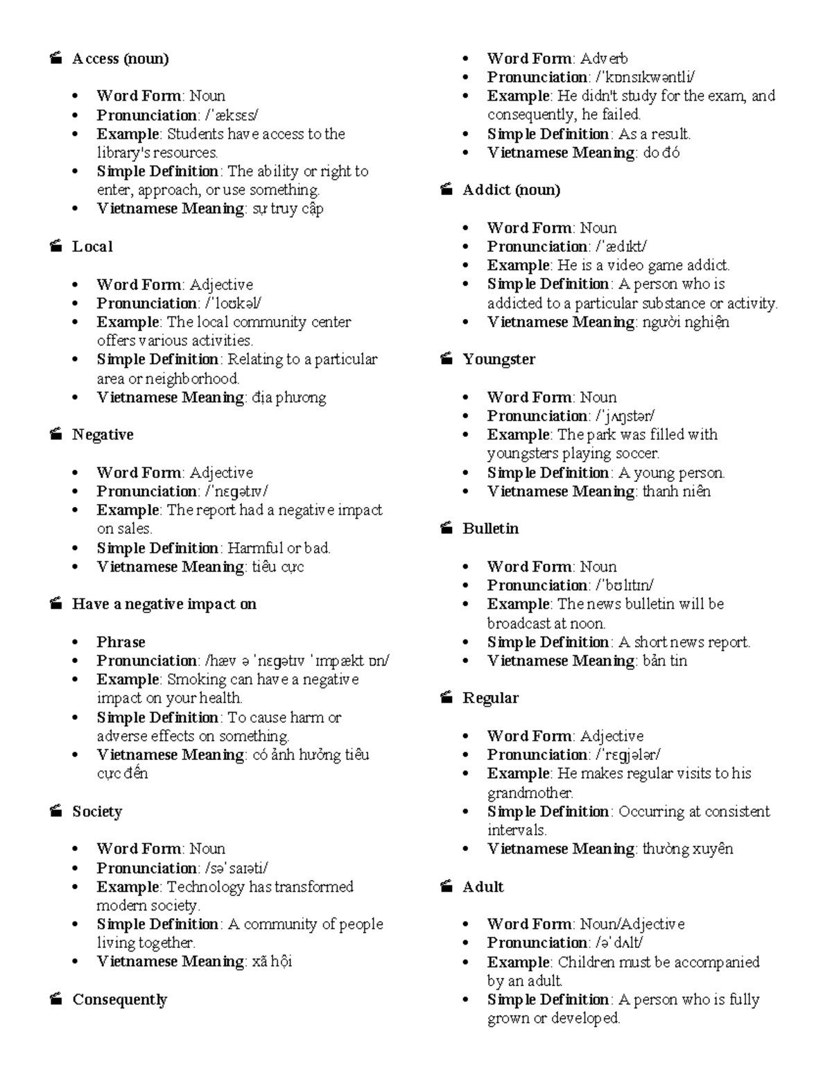 UNIT 3 vocab ôn tập thoi Access (noun) Word Form Noun