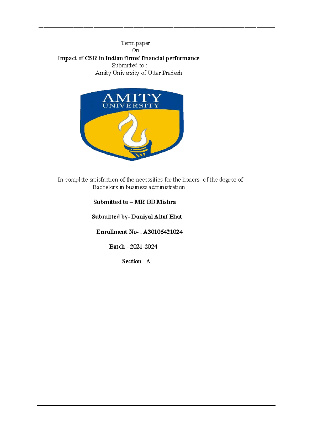 Daniyal altaf term paper - Term paper On Impact of CSR in Indian firms ...
