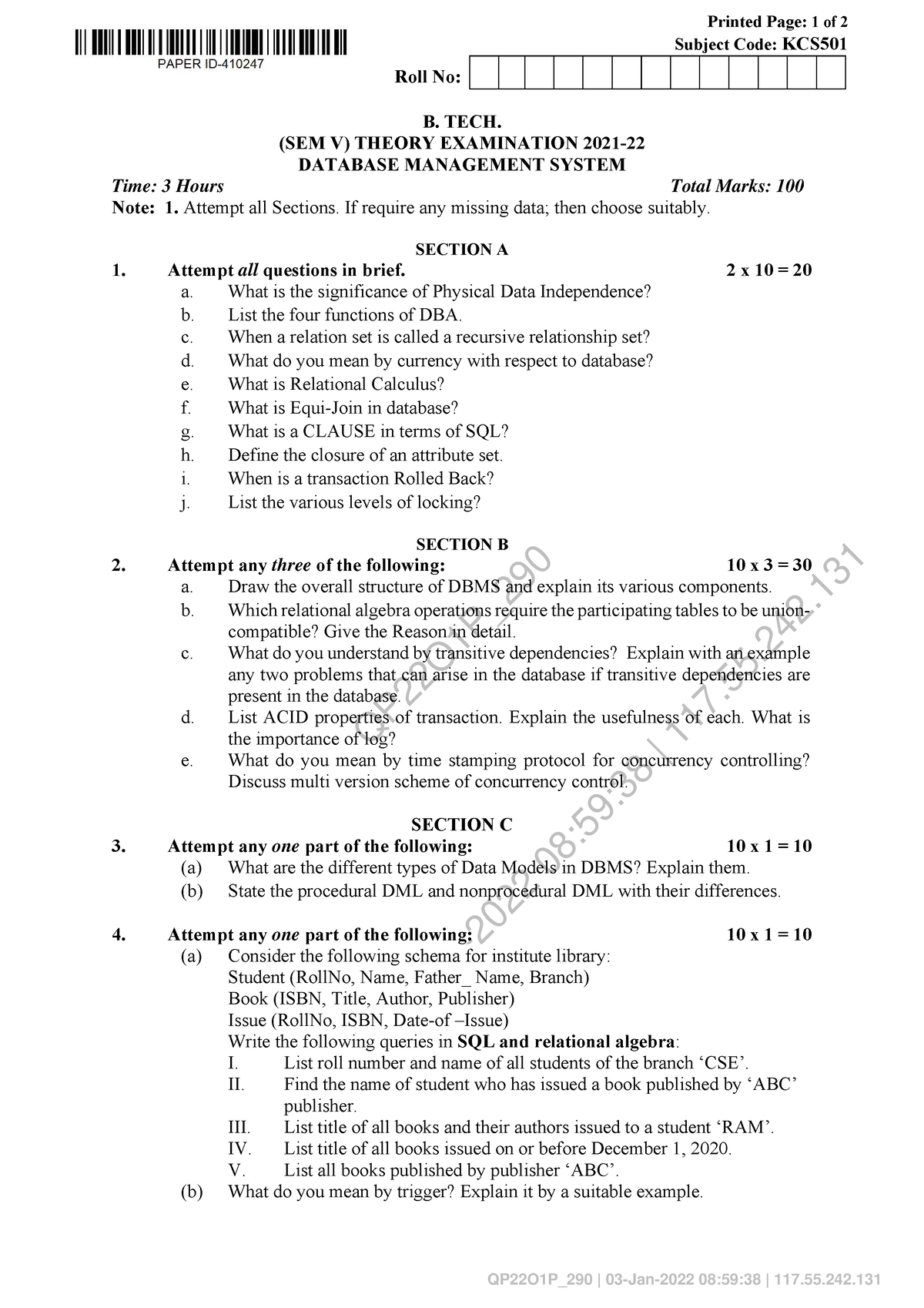 Database- Management- System-KCS-501 21-22 - QP22O1P_ | 03-Jan-2022 08: ...