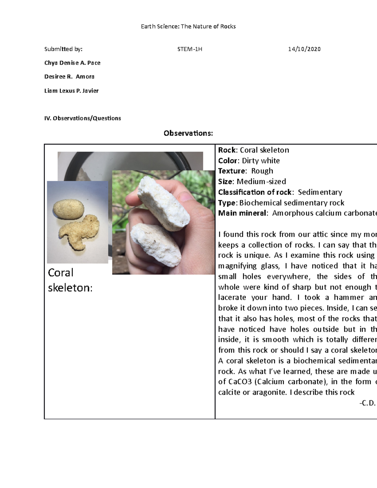Earthsci rocks Tables - ,,llll - Submitted by: STEM-1H 14/10/ Chya ...