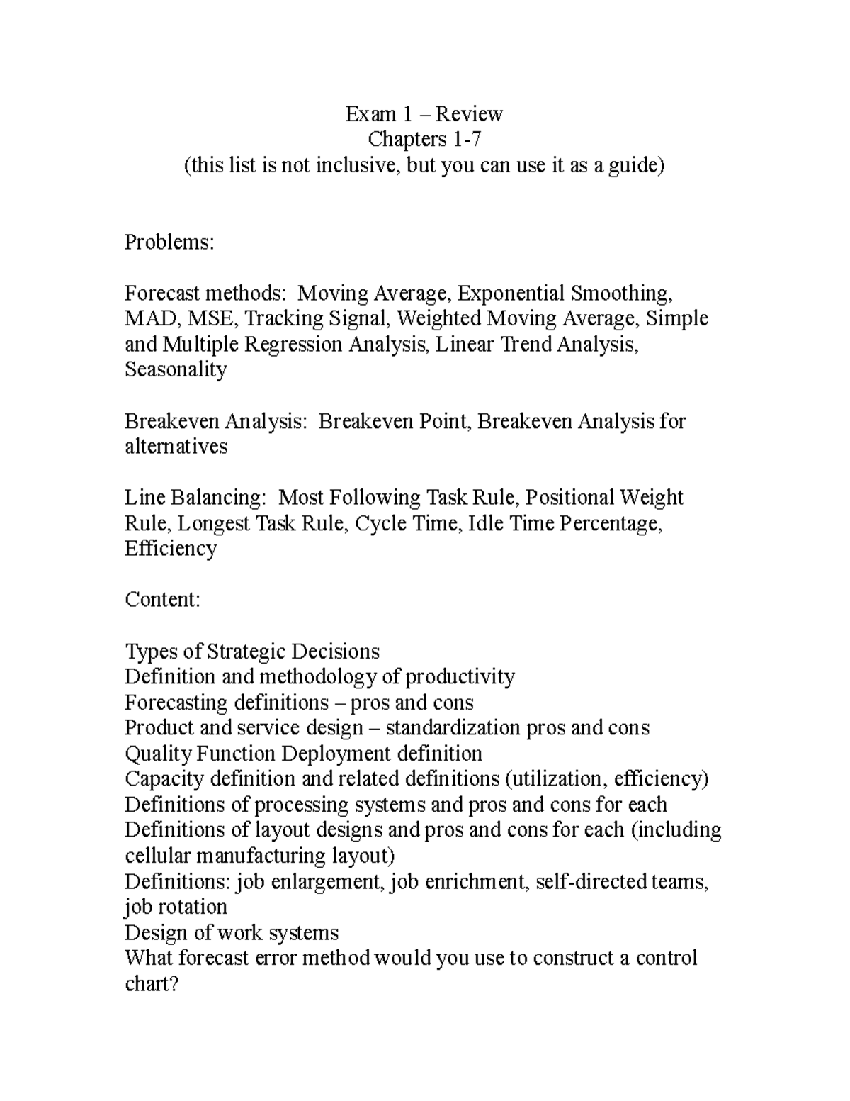 Exam 1-Review F 06 - Notes - Exam 1 – Review Chapters 1- (this list is ...
