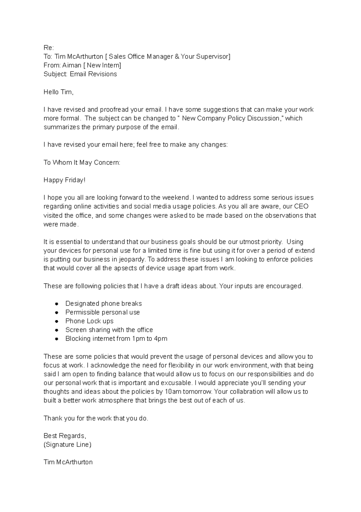 Email Assignment docx - Re: To: Tim McArthurton [ Sales Office Manager ...