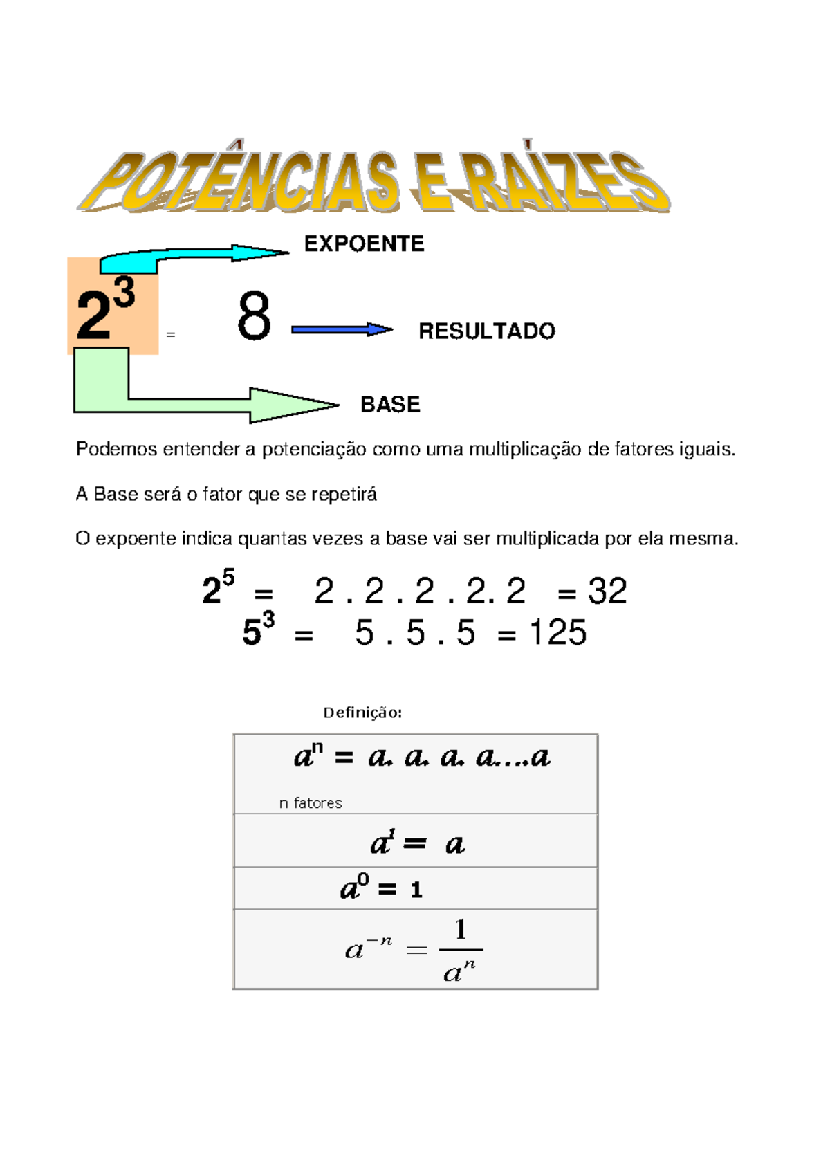 Potencias E Raizes - matematica - EXPOENTE 2 3 = 8 RESULTADO BASE ...