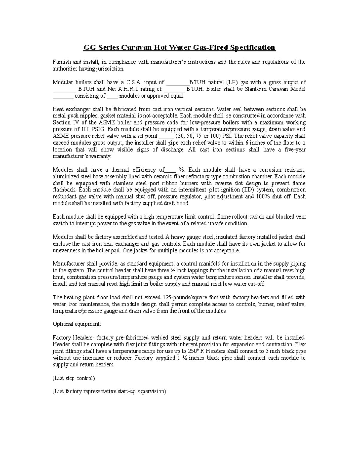 Caravan Gas Hot Water GG Series Specifications 112 GG Series Caravan