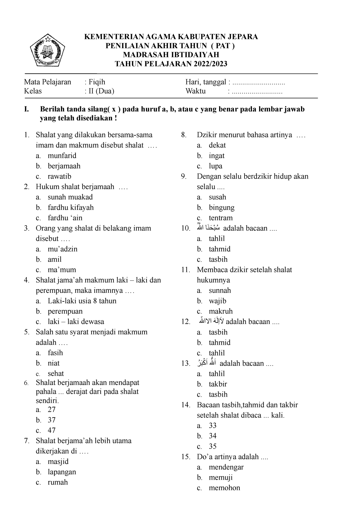 Soal PAT Fiqih Kelas 2 Genap 2022 2023 - KEMENTERIAN AGAMA KABUPATEN ...