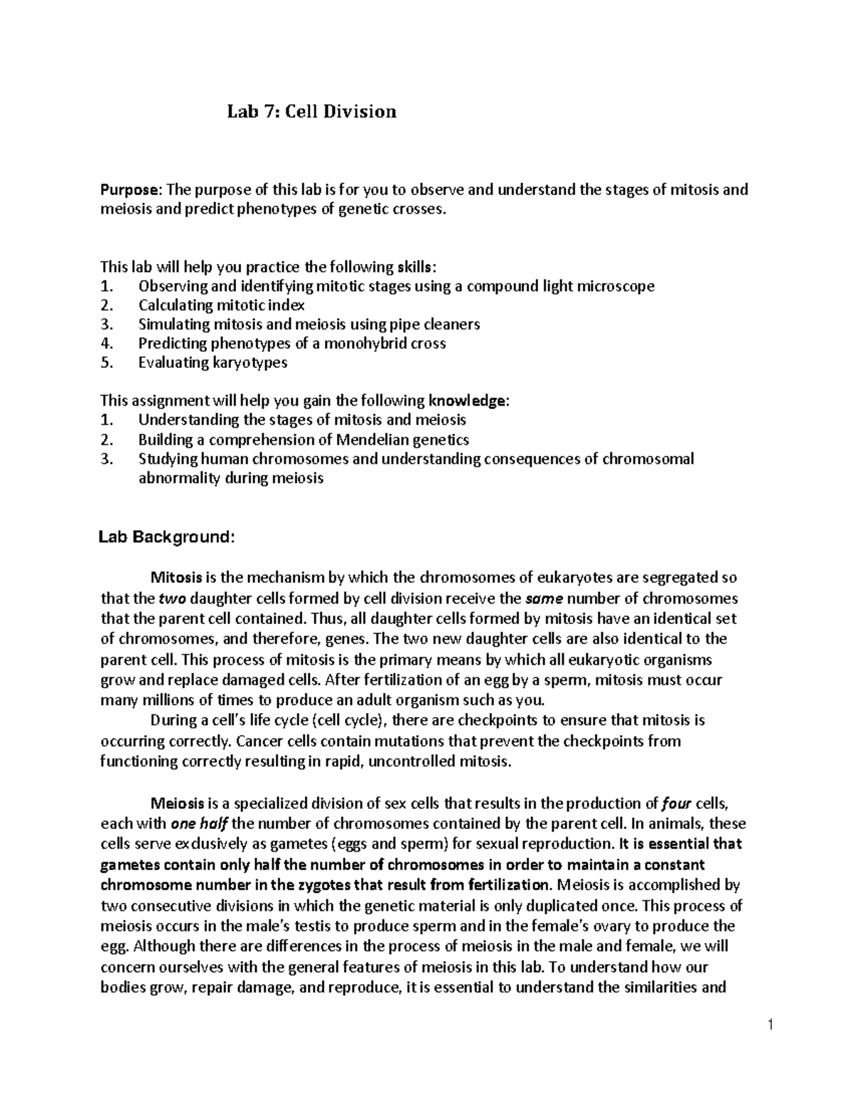 Lab 7 - Cell Division and Genetics - Lab 7 : Cell Division Purpose: The ...