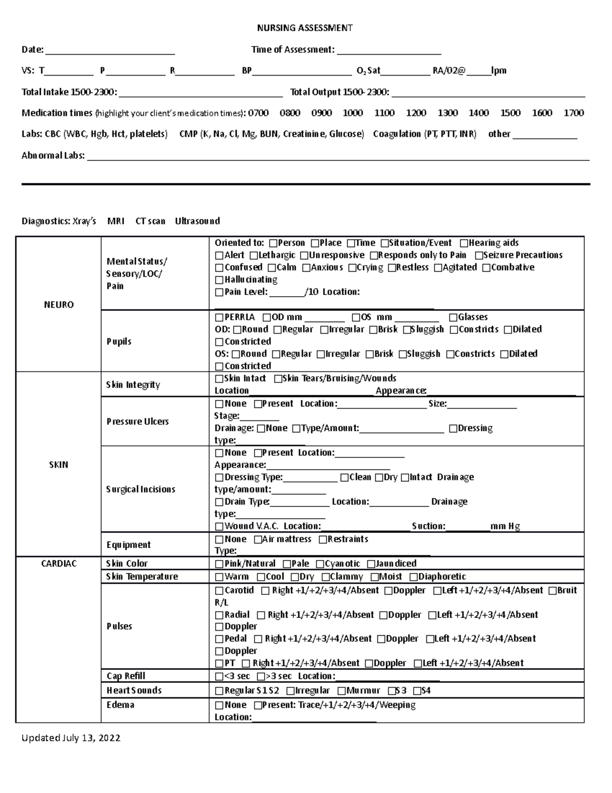 Nursing Assessment Short Form - NURSING ASSESSMENT Date ...