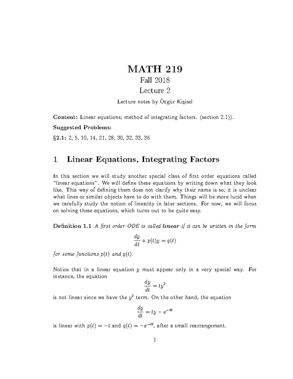 Tem20038 Lecture Notes - MATH 219 Fall 2018 Lecture 2 Lecture Notes ...