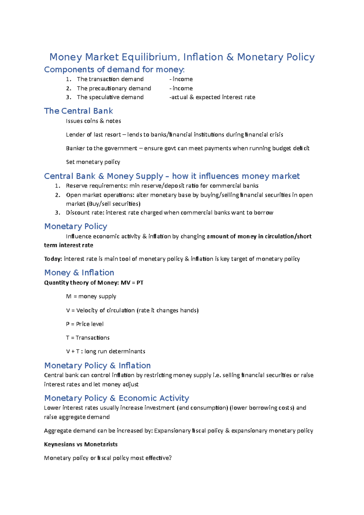 Money Market, inflation & policy 9 - Money Market Equilibrium ...