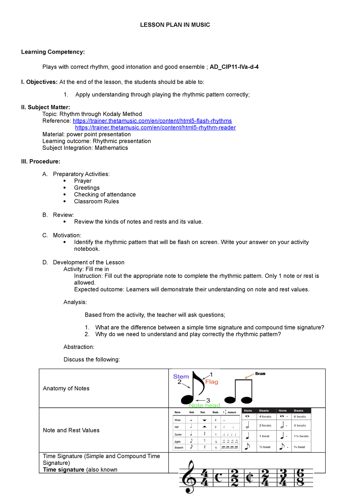 Lesson PLAN IN Rhythm - Music - LESSON PLAN IN MUSIC Learning ...