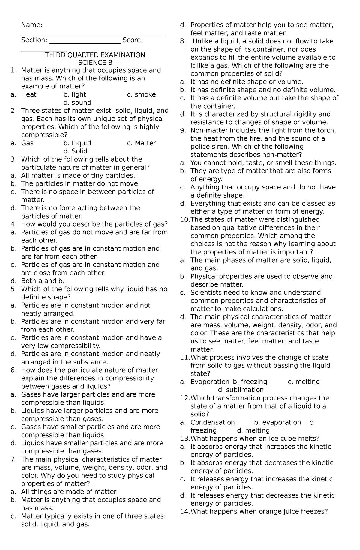 Q3-exam-sci8 - Name: Section: ______________________ Score: THIRD ...