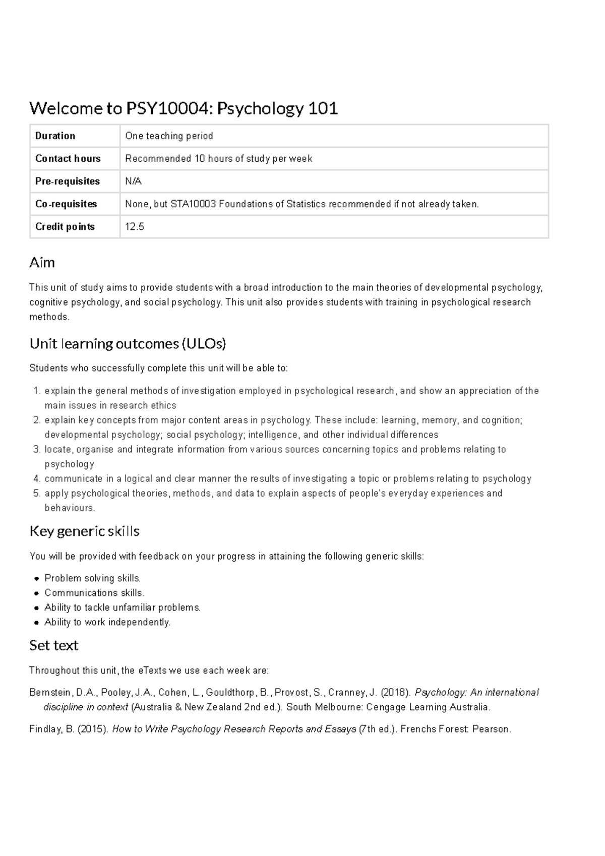 Syllabus For Psychology 101 2019 TP2 - Welcome To PSY10004: Psychology ...