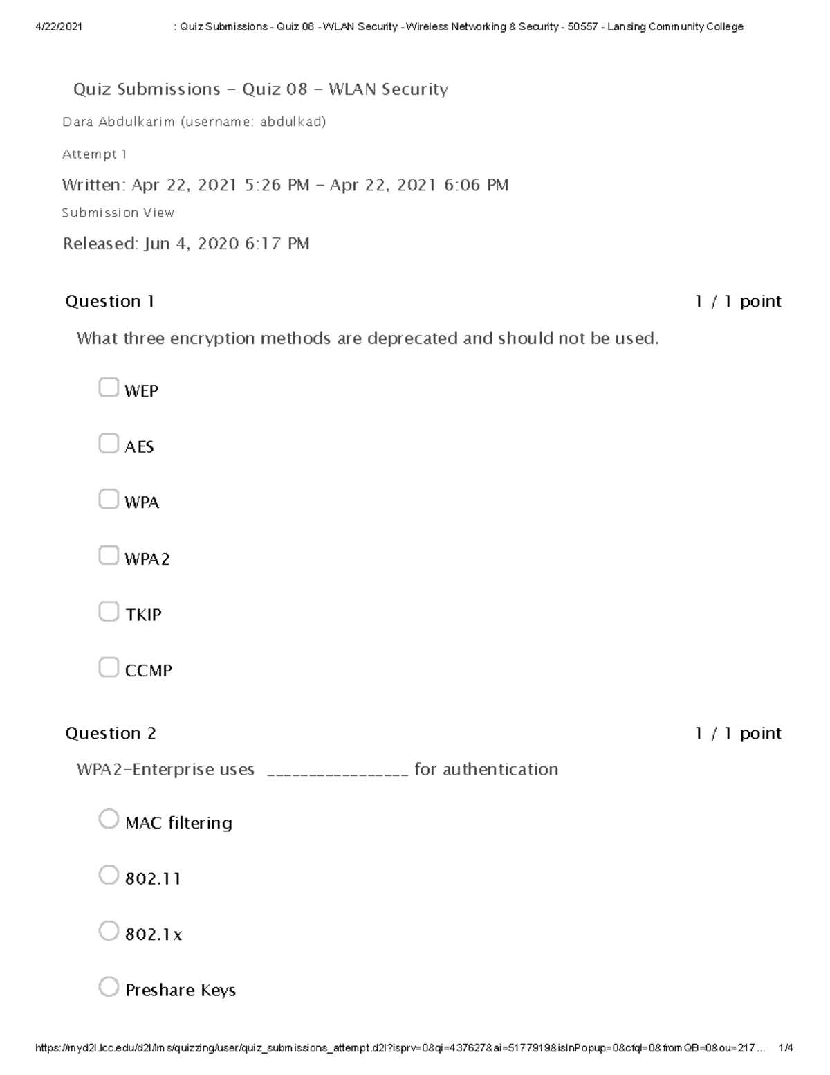 Quiz Submissions Quiz 08 WLAN Security Quiz Submissions Quiz 08