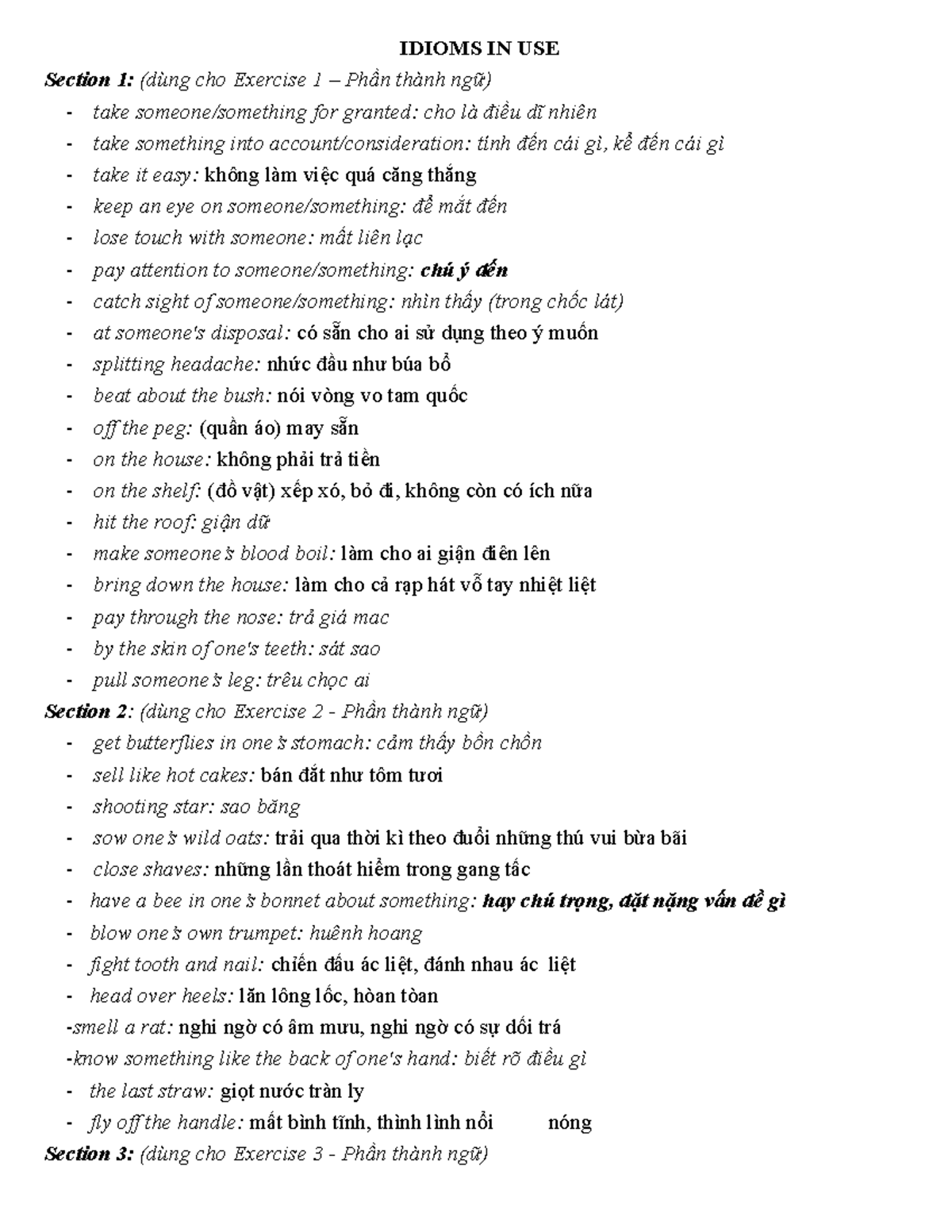 Idioms-IN-USE - idioms in use - IDIOMS IN USE Section 1: (dùng cho ...