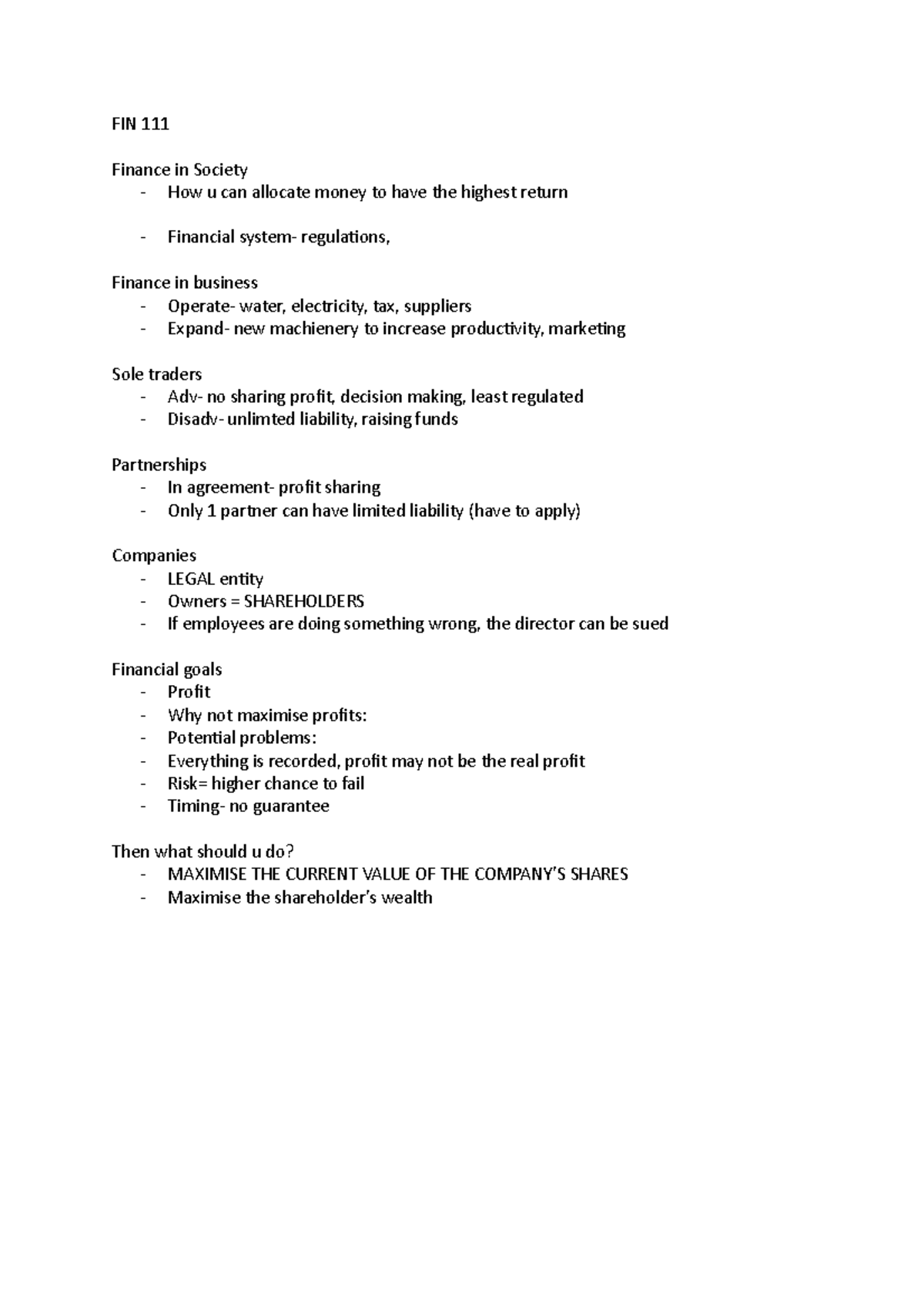 L1 notes - FIN 111 Finance in Society - How u can allocate money to ...