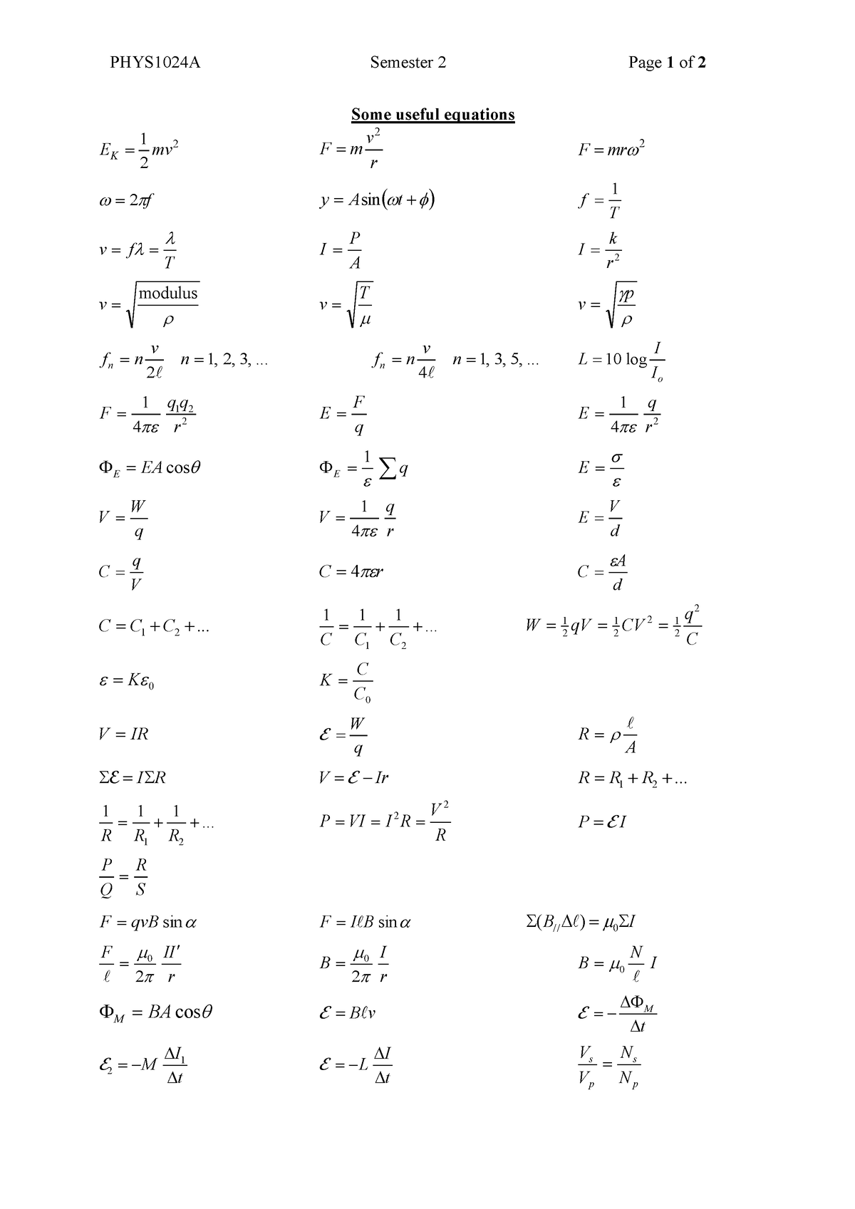 Physics formula sheet second semester - PHYS1024A Semester 2 Page 1 of ...