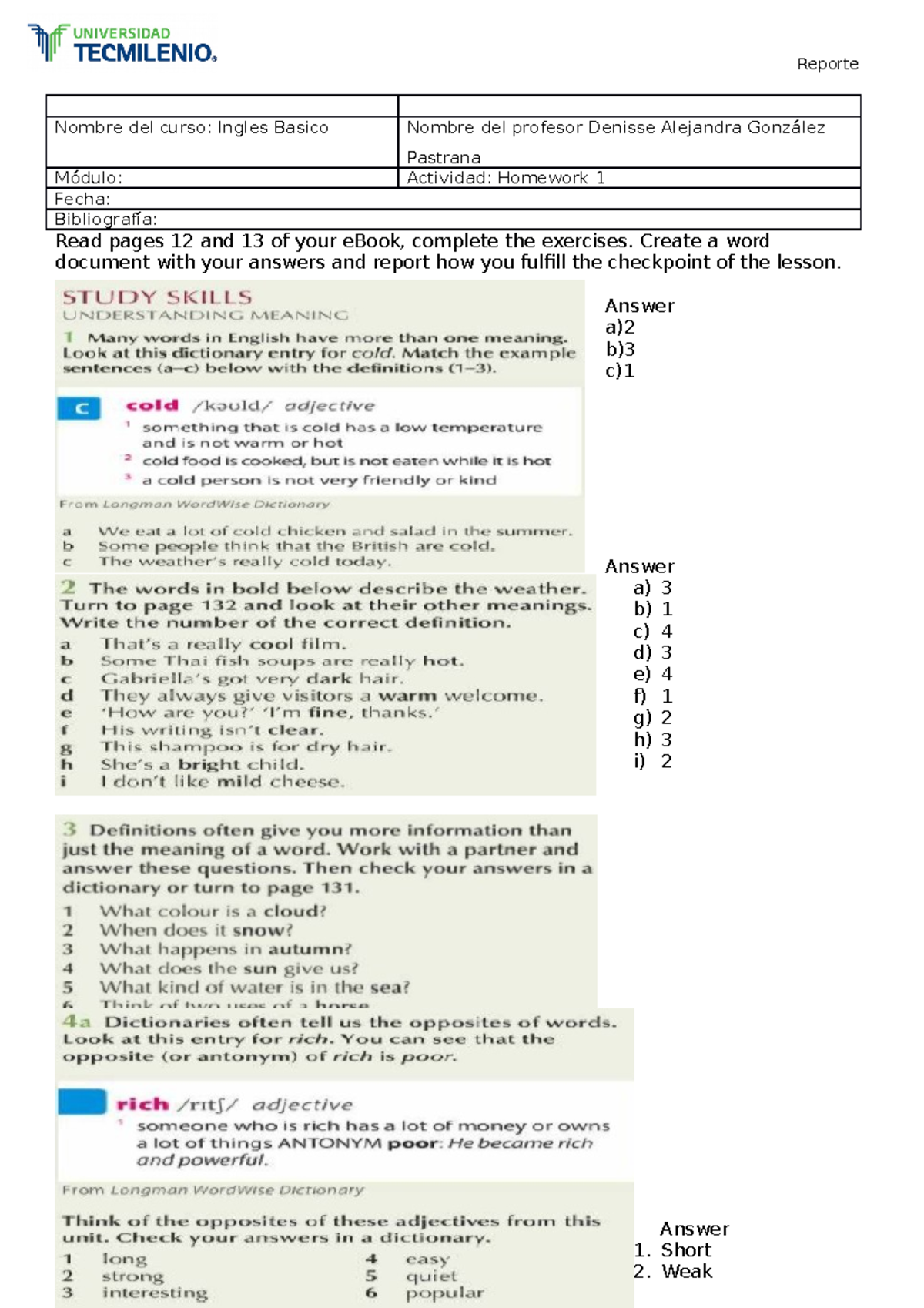 Homework 1 - Nombre del curso: Ingles Basico Nombre del profesor ...
