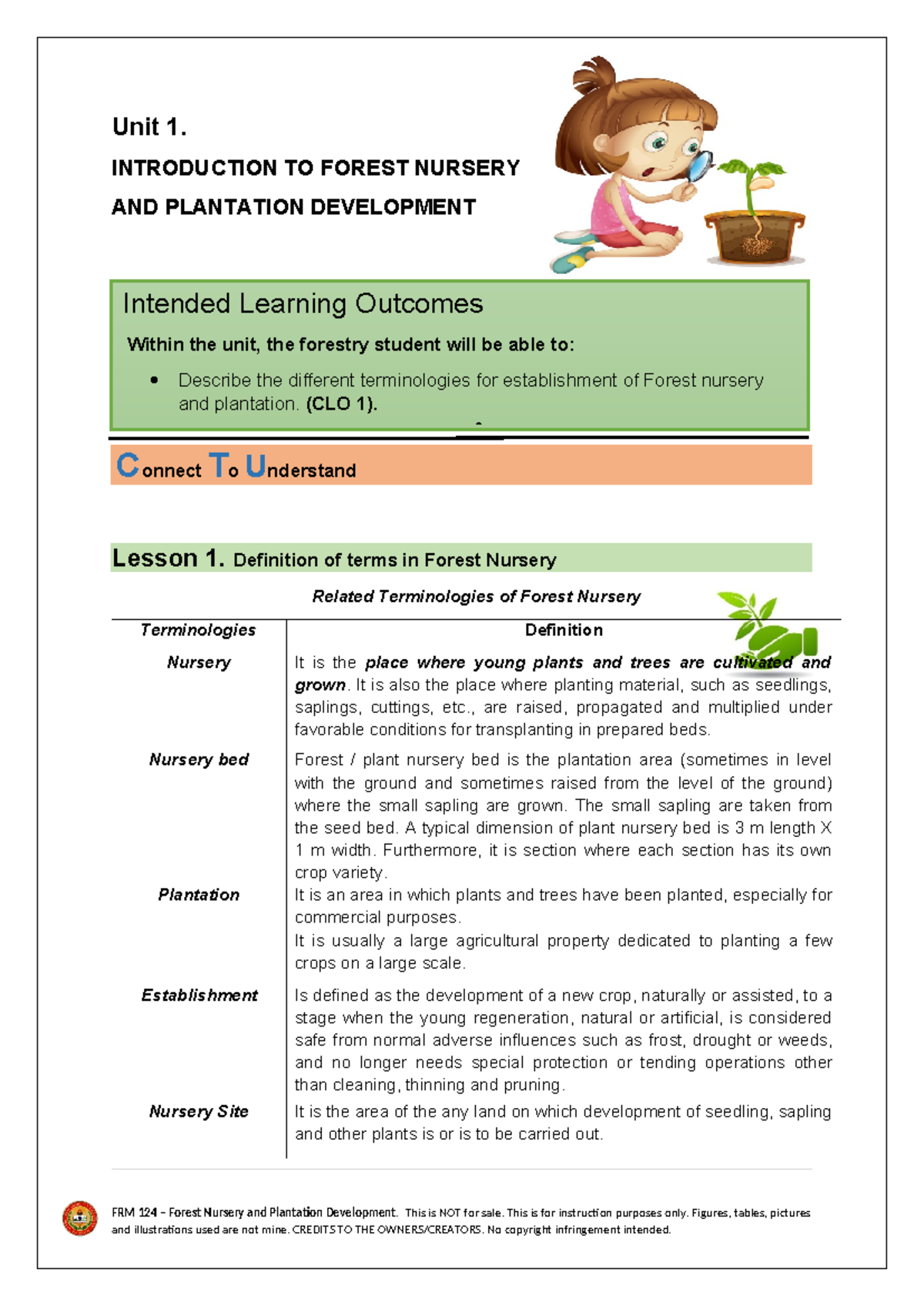 Forest Nurseries Definition of Terms Unit 1. INTRODUCTION TO FOREST