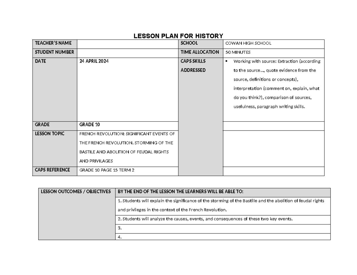 Lesson PLAN FOR Assessed Lesson 1 History - LESSON PLAN FOR HISTORY ...