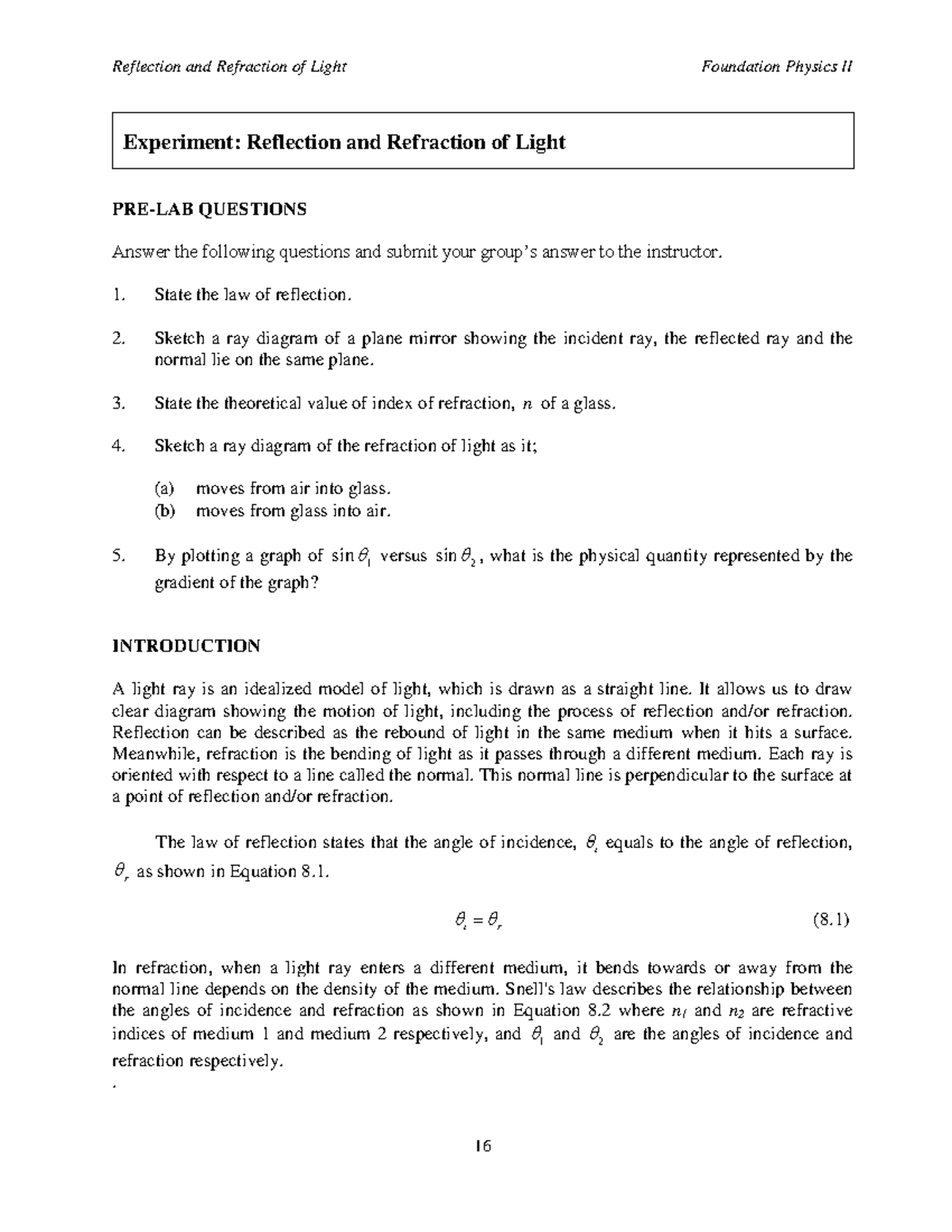 8 Reflection and Refraction of Light - 1. State the law of reflection ...